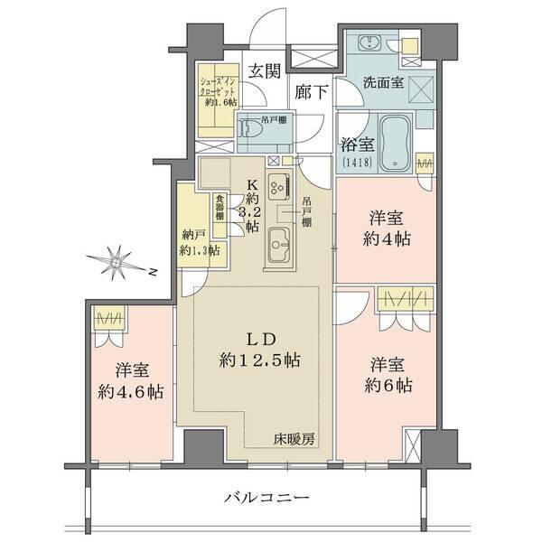 コンパクトな廊下設計で、リビングダイニングや洋室等実際の居住スペースが広く感じられる3LDKの間取り