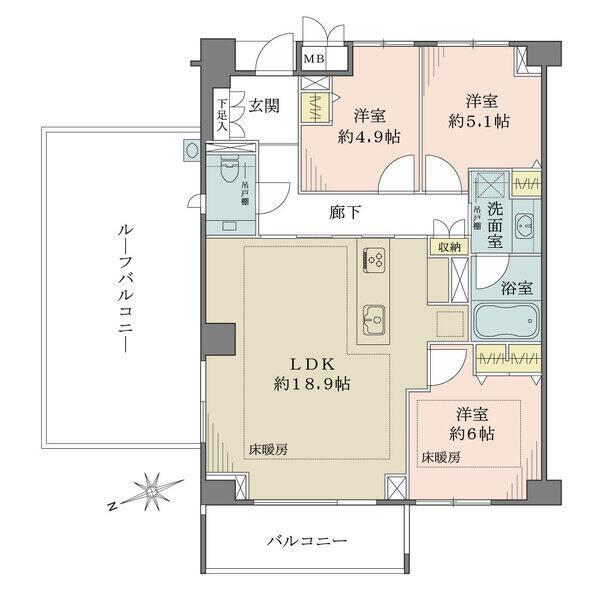 LD・洋室(6.0帖)部分に床暖房有。3方角住戸につき通風良好。家事導線に配慮した2WAYキッチン。