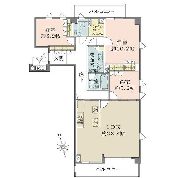 開放的な3方角住戸。全居室に開口部があり、陽当り・通風良好。ウォークインクローゼットなど収納も充実。