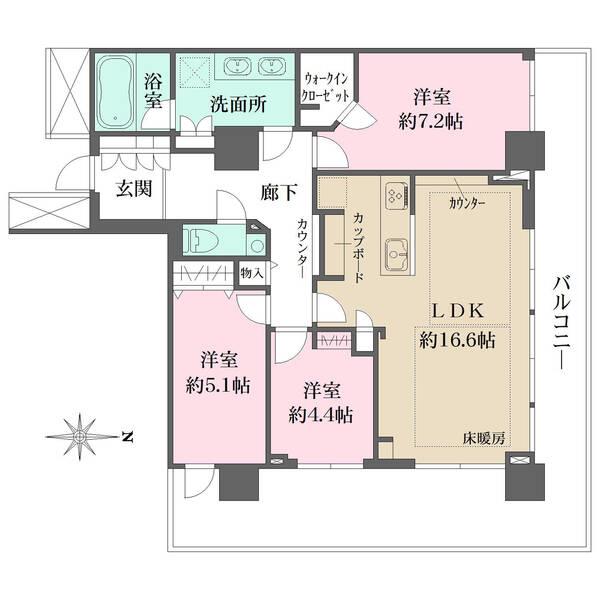 ご家族と会話を楽しみながら調理ができる対面式キッチン。ワイドスパンで光溢れるLDKです。床暖房有り。