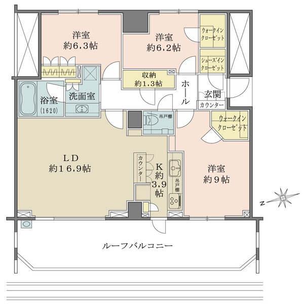 ゆとりあるルーフバルコニー付き。ウォークイン＆シューズインクローゼットなど、収納が充実しています。