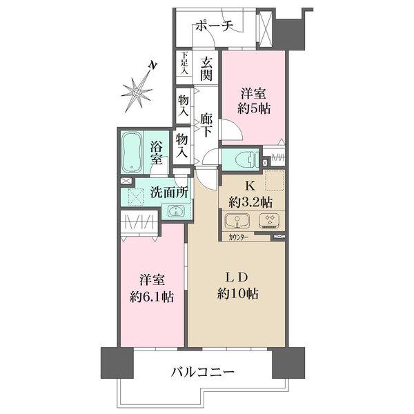 戸建て感覚のポーチ（約３．７平米）がございます。また、廊下壁面の片側一面には物入がございます。