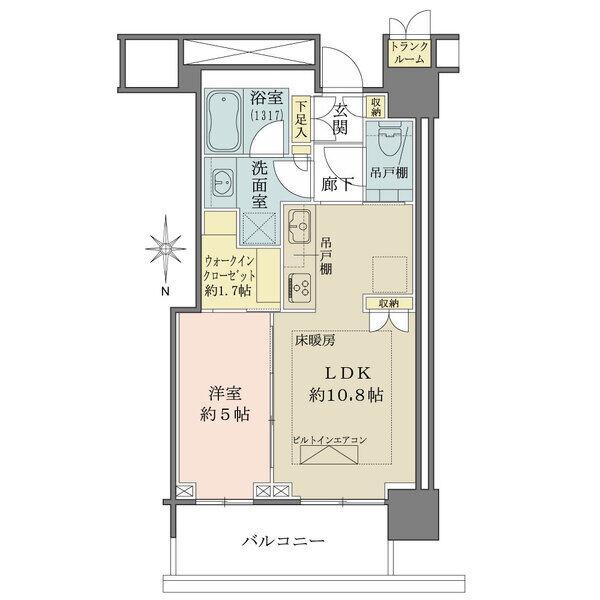 専有面積42.01m2の1LDK。北向きの為、東京スカイツリー・都心方面を見渡す眺望(天候による）