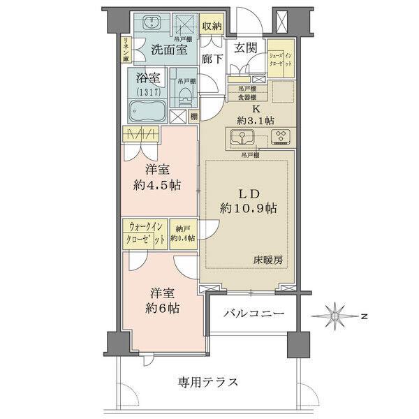 開放的な専用テラス付きの東向き住戸です。ウォークイン＆シューズインクローゼットなど、収納が豊富です。