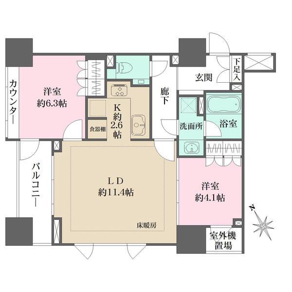 リビングダイニングに床暖房あり、角住戸の為開口部が多く採光良好、各居室にクローゼットあり