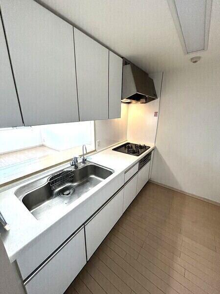 シンク下収納は奥の物も取り出しやすい引出しタイプ。吊戸棚も備わり、収納力の高いキッチンです。