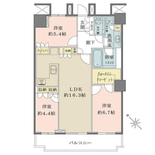リビングダイニングと廊下に物入、約6.7帖の洋室にウォークインクローゼットのある収納豊富な3LDK