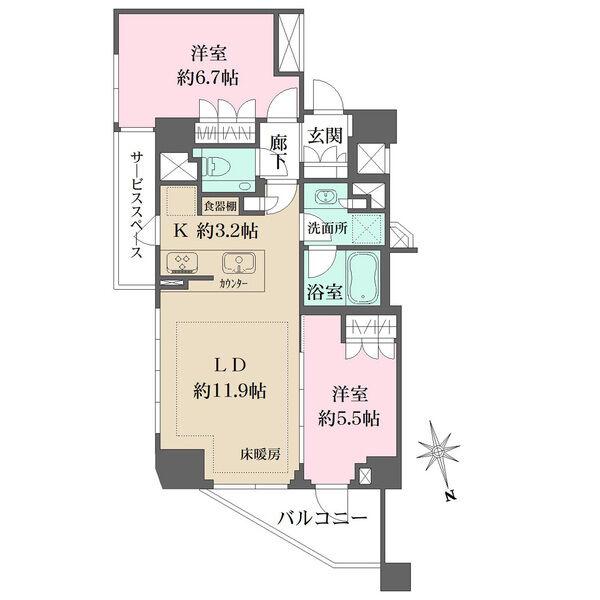 陽当り・通風・眺望良好な6階角住戸。各居室に窓有。水回りが集約されており、家事を効率的に行えます。