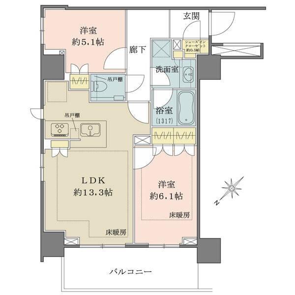 最上階（14階）、北東・北西角部屋につき眺望・採光・通風良好な2LDKタイプ