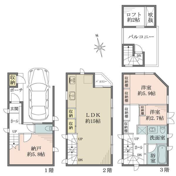 ロフト：約2帖、外部収納：約0.4帖、屋上バルコニー：7.4m平米。納戸は防音室になっています。