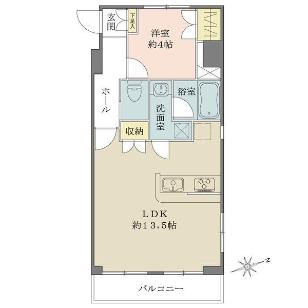 通風良好な北・東角住戸。LDやキッチン、洋室に窓付き。LDKと洋室、玄関に収納が備わっています。