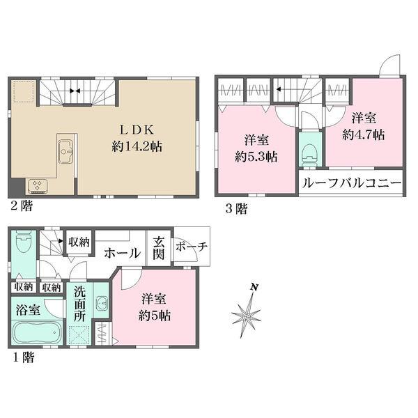 プライバシーに配慮された2階リビング採用。3階にルーフバルコニー付き。各洋室、廊下に収納付きです。