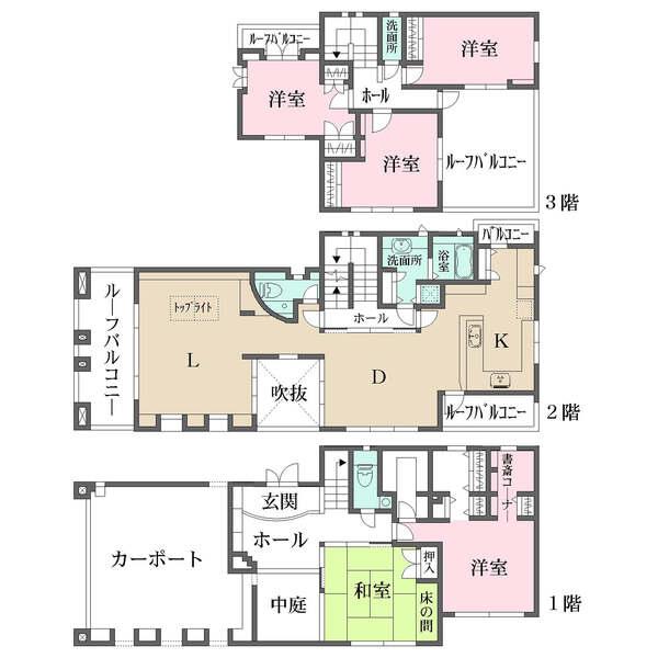 ルーフバルコニーや中庭、吹抜などが備わった、開放的で明るい住空間。洗面所・トイレは各2箇所有り。