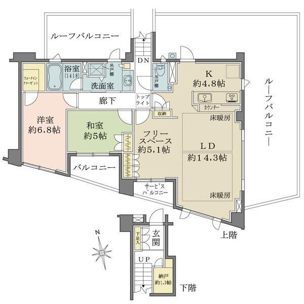最上階プレミアム住戸。フリースペース約5.1帖有り、ウォークインクローゼットや納戸など収納充実。