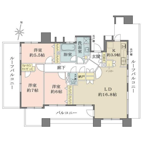 【3LDK+WIC】三方角住戸の13階部分　約16.8帖のLD、各洋室5帖以上の間取り