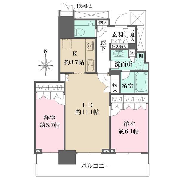 南向きにつき・晴海運河やレインボ―ブリッジを望む眺望。（天候による）各居室バルコニーに面したお部屋。