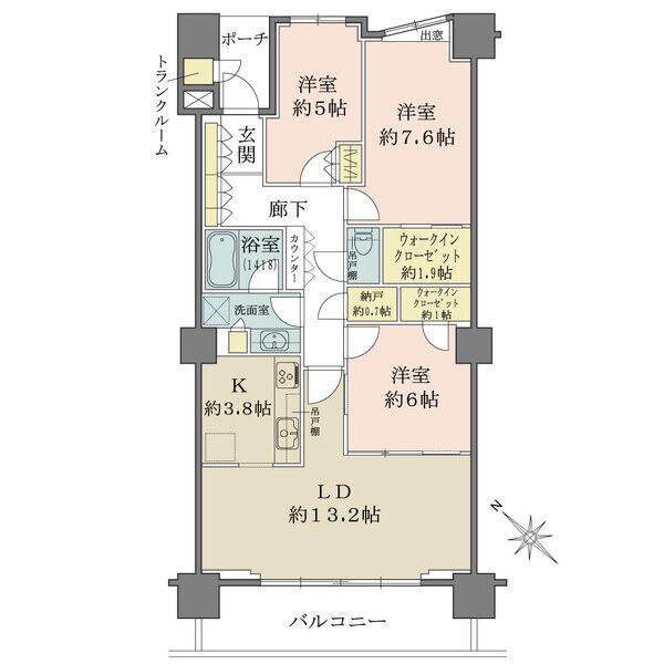 3LDK＋納戸と２つのウォークインクローゼットがあり収納豊富な間取りです。