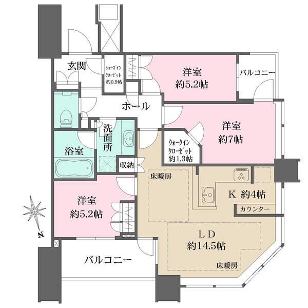 2面バルコニー付きで開放的。LDに床暖房搭載。ウォークインクローゼットなど、全居室に収納付きです。