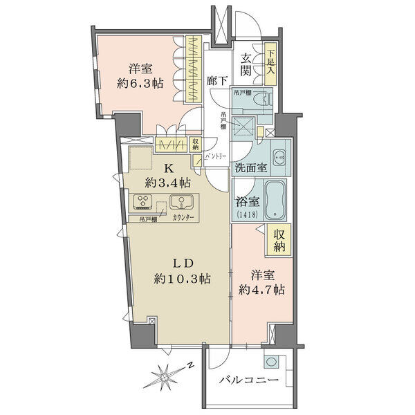 随所に収納が備わっています。浴室はゆとりある1418サイズ。玄関先から居住空間が見えにくい設計です。