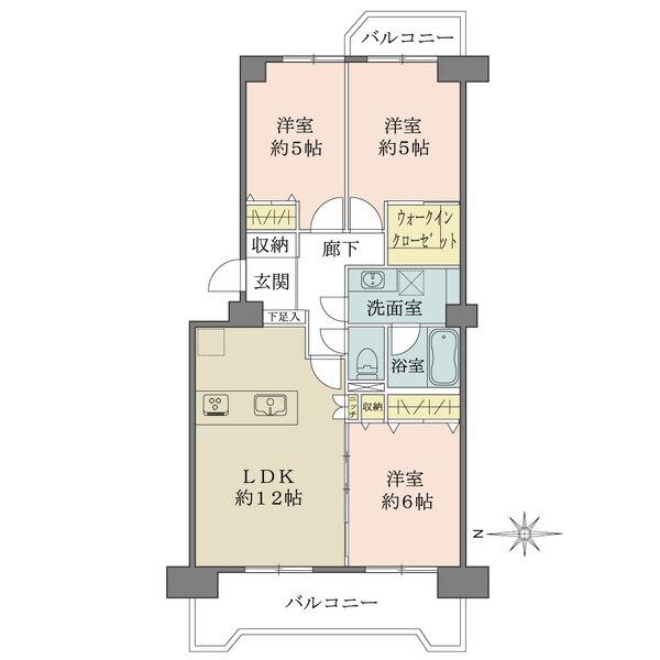【3LDK+WIC】LD約12帖、各洋室5帖以上の間取り。LDを見渡せる対面式のキッチン。