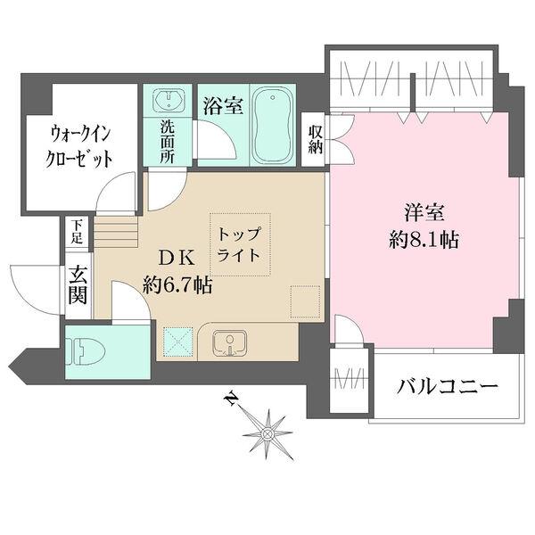 【南西向き・1DK】角部屋につき通風、陽当たり良好　採光を確保するトップライト付住戸