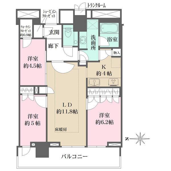 73.66m2（約22.28坪）の西向き３LDK。各居室に収納のある間取りとなっております。