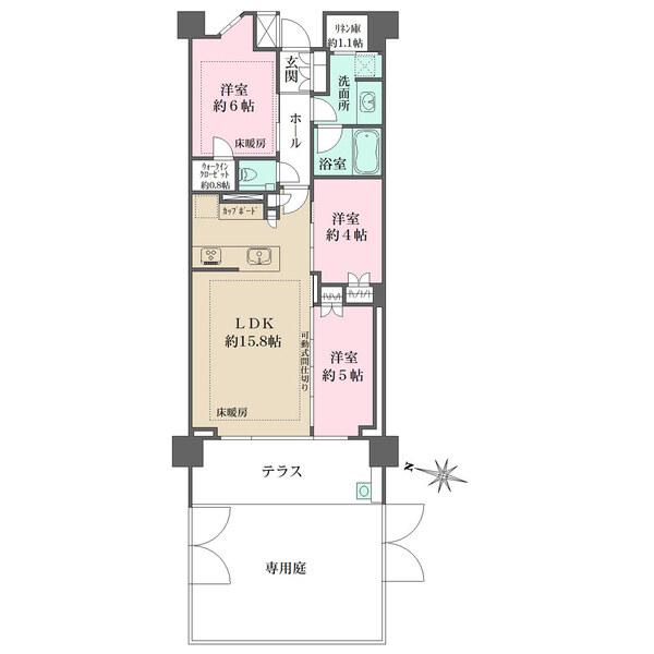 LDKは隣接する洋室との一体利用で、ゆとりある空間として使えます。LDと洋室約6帖に床暖房付きです。