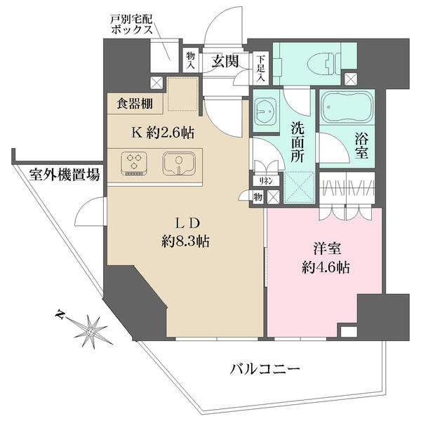 LDKと洋室が南西向きバルコニーに面しており、陽当り良好。キッチン背面には食器棚が設けられています。