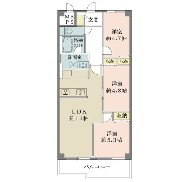 LDKから2部屋に出入り可能。ご家族を身近に感じられる間取りです。各洋室や玄関部分に収納付きです。