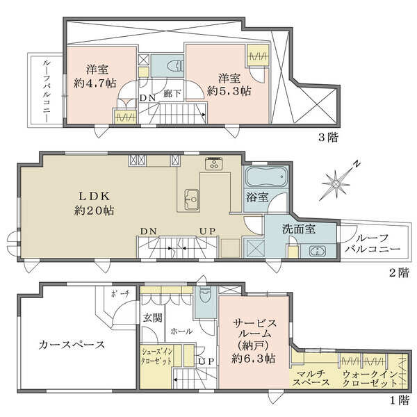 ゆとりある約20帖のLDK。水回りが集約され、家事動線良好。2・3階にルーフバルコニー付きです。