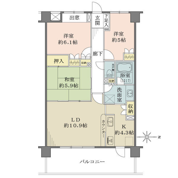 朝日が注ぐ東向き。キッチンから洗面室・バルコニーへ出入りでき、家事動線良好。各和・洋室に収納有り。