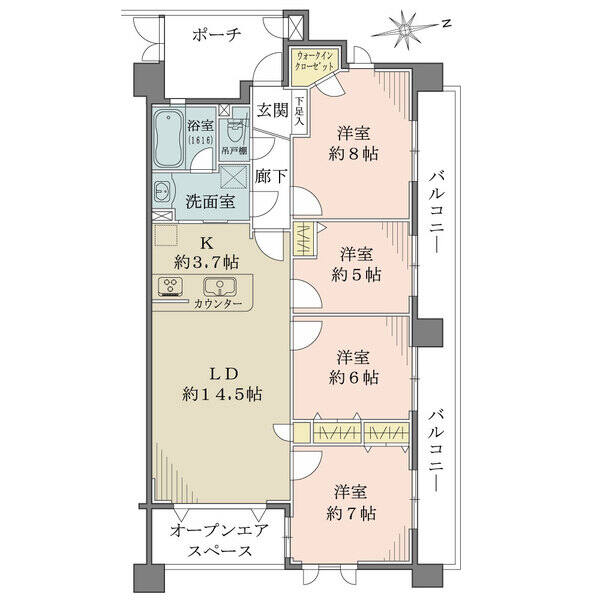 通風良好な角住戸。洗面室はキッチン・廊下から出入り可能で、動線良好。エスコートポーチ付きです。