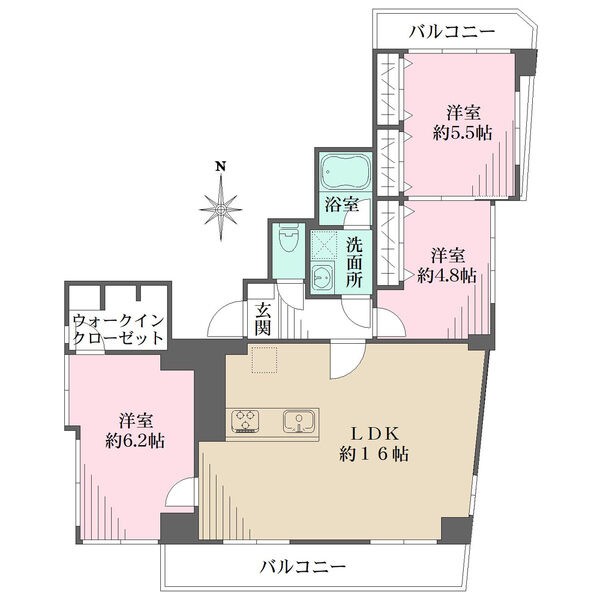 7階・3面バルコニー（東・南・北）につき、採光・通風・眺望良好な間取り