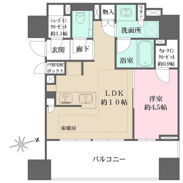 LD部分に床暖房搭載。ウォークイン＆シューズインクローゼットなど、収納豊富。戸別宅配ボックス付き。