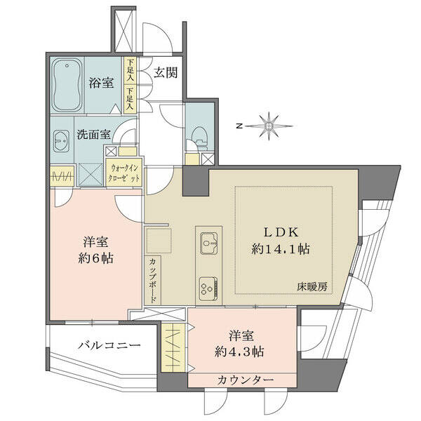 開放感のある角住戸。ウォークインクローゼット等収納豊富。LDと隣室は一体利用で18帖超に。