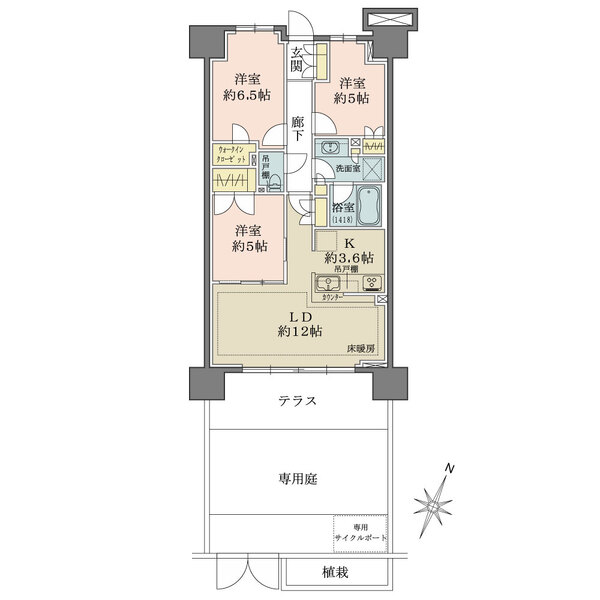 採光面積の広い横長のLDに加え、専用庭＆テラス付きのため、戸建ての様な開放感を得られる住まいです。