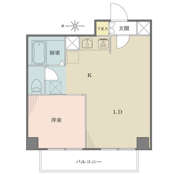 LDと洋室がバルコニーに面しています。キッチンは空間を有効活用可能な壁付け式。玄関に下足入付きです。