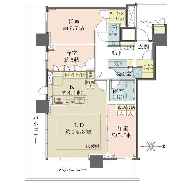 南東向き角住戸によりレインボーブリッジを望む眺望。86.13m2の各居室バルコニーに面した3LDK。