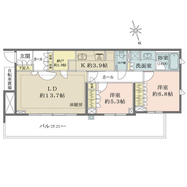 全居室がバルコニーに面します。LDは床暖房、約1.9帖の納戸付き。キッチンは2WAYアクセス。
