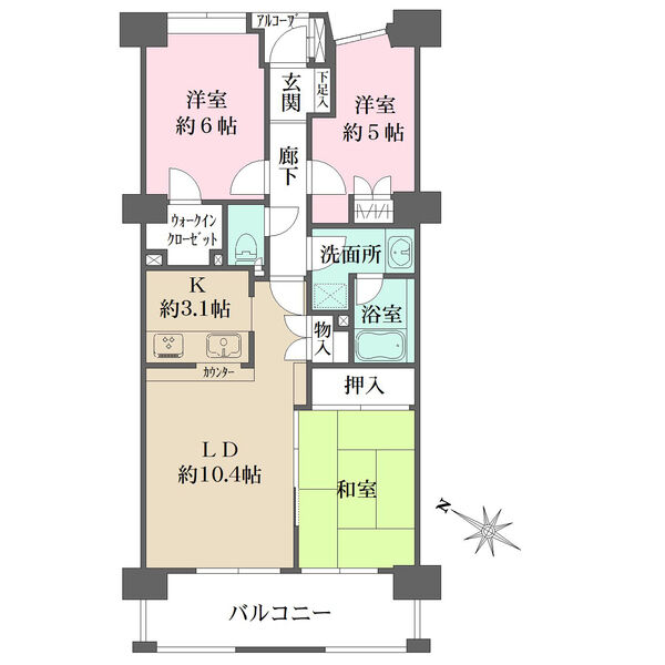 陽当り良好な南西向きバルコニーにはLDと和室が面します。ウォークインクローゼットや押入など収納豊富。