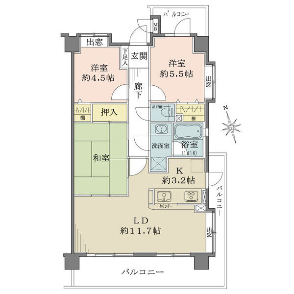 和室はLDKと一体利用可能。東・南側に跨る引き回しバルコニーの他、北側にもバルコニーがございます。