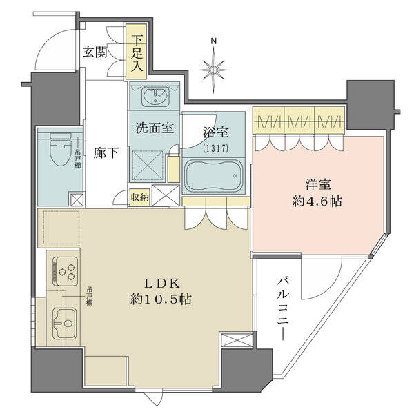 最上階角住戸。廊下面積を抑え、居住空間が広く確保された設計です。各居室や廊下、洗面室に収納有り。