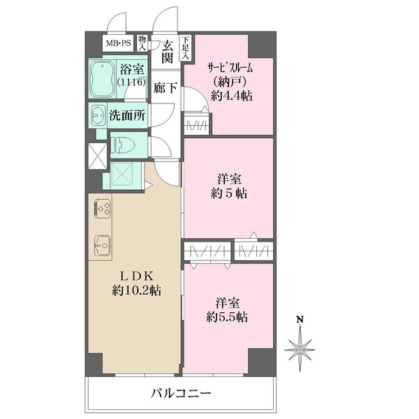 LDKから洋室2室へ出入りでき、生活動線良好な間取り。納戸あり、各洋室にはクローゼットなど収納豊富。