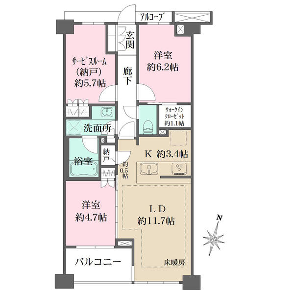 サービスルーム(納戸)は約5.7帖のため、居室としてお使いいただけます。