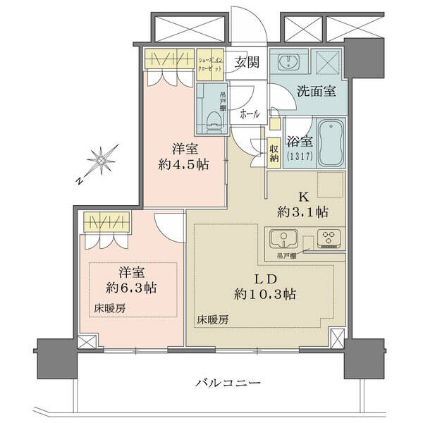 廊下面積を抑え、居室にゆとりを確保した快適な2LDKプラン