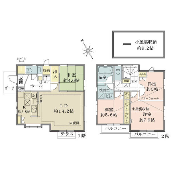 回遊性のある間取り設計。小屋裏収納やシューズインクローゼットなど豊富な収納スペースが備わっています。
