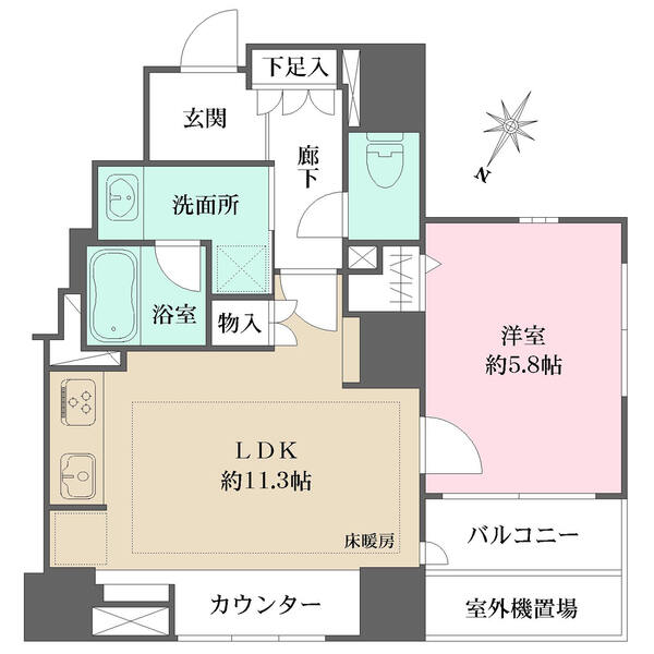 1LDK、44.39m2、北西角住戸