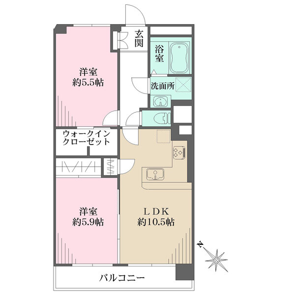 L字仕様の対面キッチンが採用されています。LDKと約5.9帖の洋室は、建具を開放して一体利用が可能。