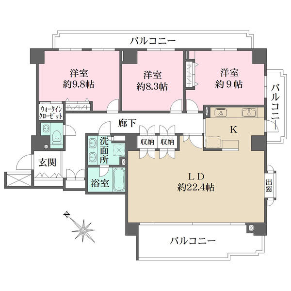 3面バルコニー付き角住戸。全居室8帖超の広々とした住空間。各洋室は独立性が高い振り分けタイプです。