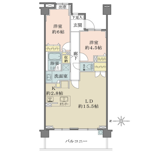 横長タイプで廊下部分まで太陽光の届く、開放感のある明るい約15.5帖のリビングダイニング